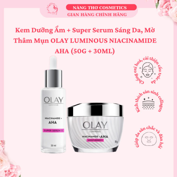 Kem Dưỡng Ẩm + Super Serum Sáng Da, Mờ Thâm Mụn OLAY LUMINOUS NIACINAMIDE AHA (50G + 30ML)