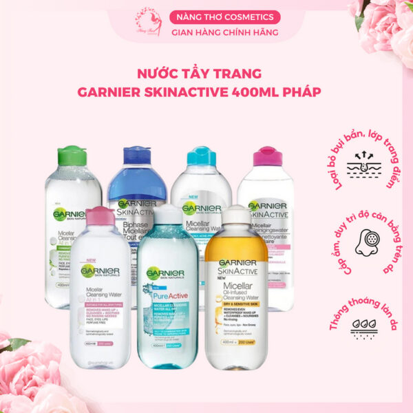 Nước tẩy trang Garnier skinactive 400ml Pháp đủ màu