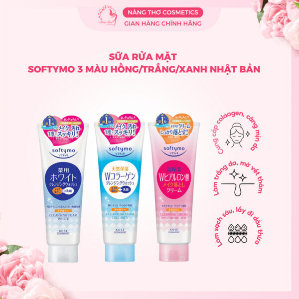 Sữa rửa mặt Kose Softymo collagen/white/ hồng HYALURONIC ACID 220g Nhật Bản
