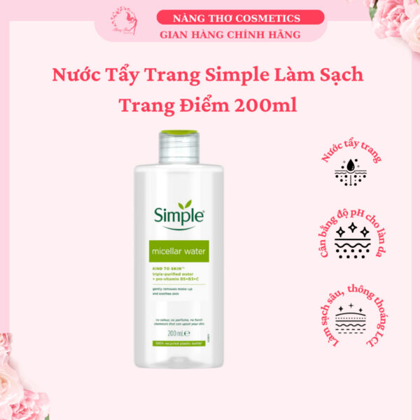 Nước tẩy trang Simple Micellar làm sạch trang điểm không chứa cồn gây khô rát