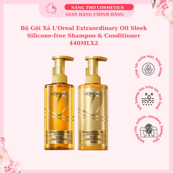 Bộ Gội Xả L'Oreal Extraordinary Oil Sleek Silicone-free Shampoo & Conditioner 440MLX2